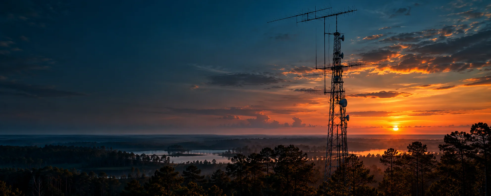 Conceptual communications tower at sunset